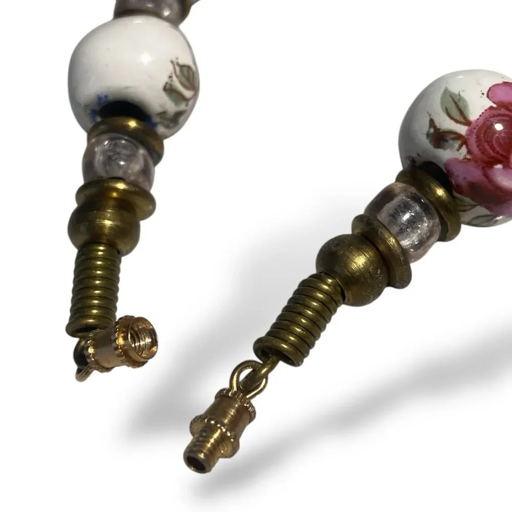 Vintage Chinese Hand Painted Porcelain Flower Beaded Necklace Pink Rose On White